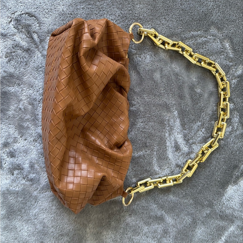 Brown Woven Leather Bag with Gold Chain
